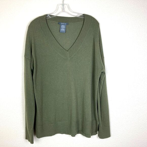 Matty M Women's V-Neck Sweater Size L Green Ribbed Cuff & Waist Side Slits - Picture 1 of 5